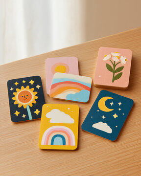 Six colorful wooden cards with whimsical sun, moon, rainbow, cloud, and flower illustrations arranged on a wooden surface.