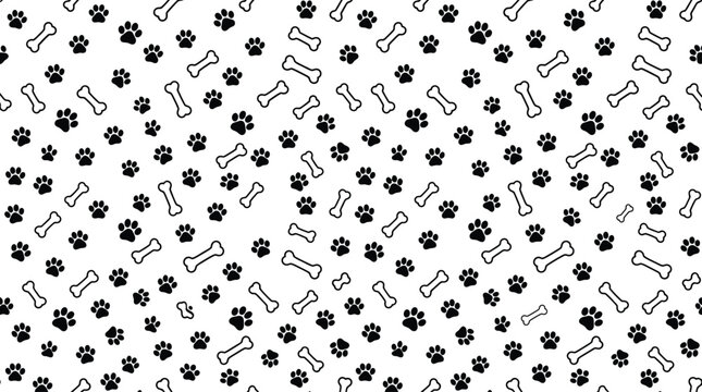 Seamless pattern with black dog paw prints and small white animal bones