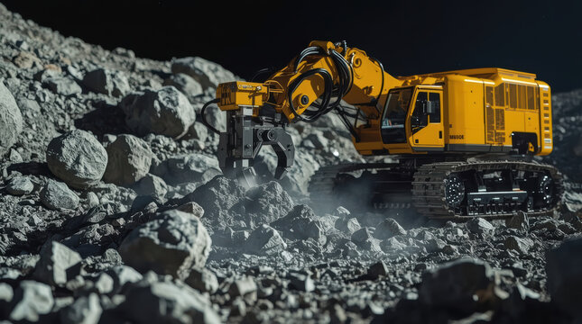 Futuristic asteroid mining robot extracting valuable mineral in lunar terrain