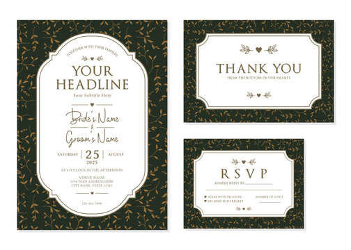 Premium Dark Green Gold Botanical Wedding Invitation Suite Vector
