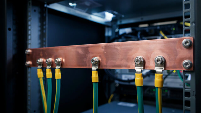 Industrial grounding bus bar with green and yellow earth wires connected to copper plate inside server rack cabinet unit.