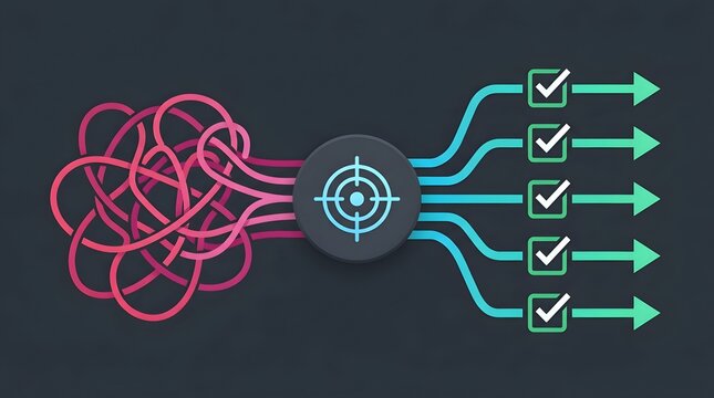 Abstract vector illustrating data optimization processing tangled lines into organized checklists.