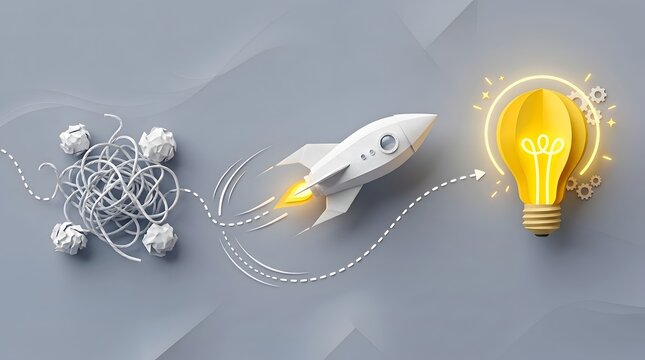 Paper rocket launching from tangled knot toward glowing lightbulb for creative solution and startup