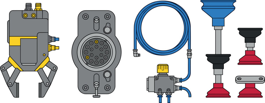 Industrial Robotic Gripper and Tool Changer Set Featuring Mechanical Claw Multi Pin Interface Flange Pressure Regulator Valve and Vacuum Suction Cups Vector Illustration