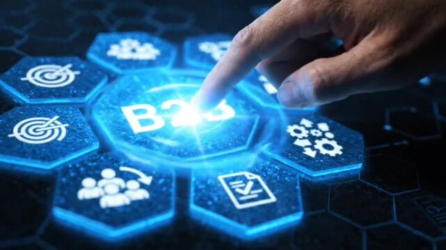 B2b business digital concept animation where human finger presses glowing neon blue hexagon interface button featuring corporate symbols on dark networked background.