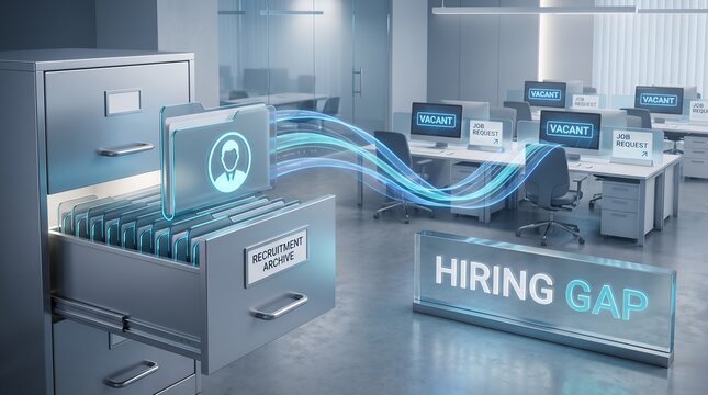 Corporate recruitment crisis and hiring gap concept showing digital workforce matching for empty office desks