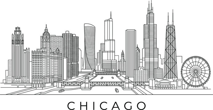 Chicago Illinois Skyline Line Art with Iconic Landmarks Minimalist Architectural Outline Vector Illustration