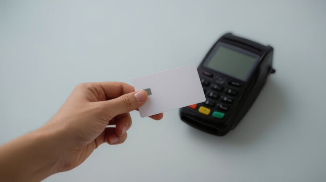Hand holding payment card near card reader terminal