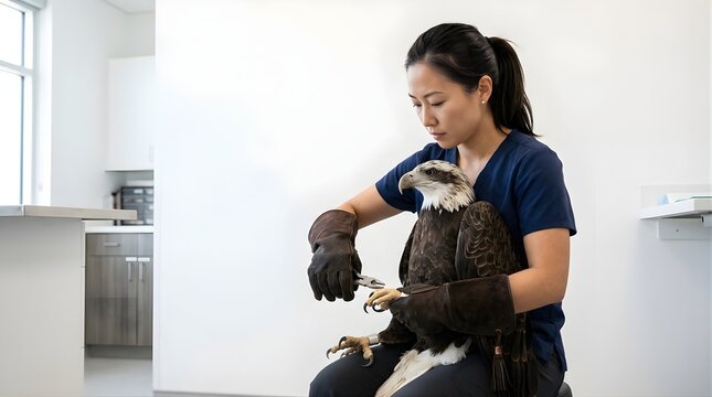 Veterinarian examines an eagle talon in a bright animal clinic office