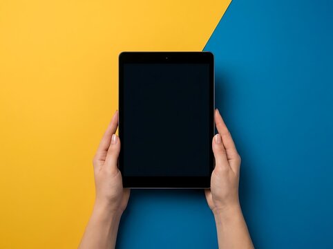 Hands holding a tablet computer with a blank black screen