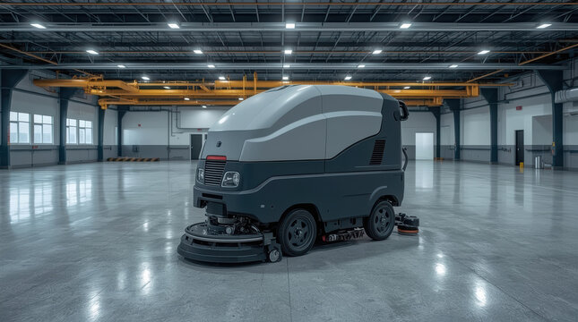 Industrial floor cleaning machine spacious warehouse with polished concrete flooring