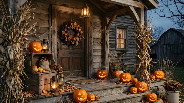 Rustic Wooden Porch Decorated with Glowing Halloween Pumpkins