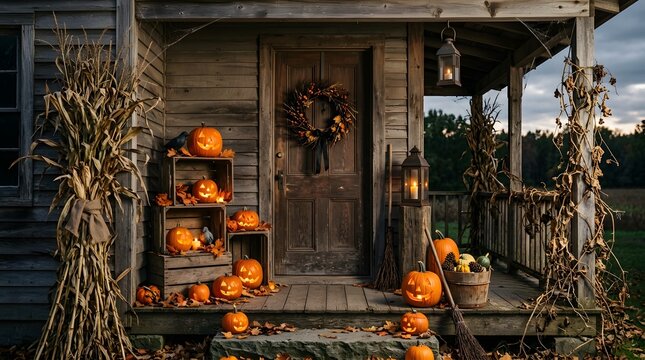 Rustic Country Porch Decorated with Autumn Pumpkins and Corn Stalks