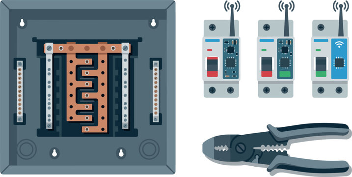 Smart Electrical Distribution Panel Vector Set Featuring Wireless Circuit Breakers WiFi Antenna Copper Busbar Box and Electrician Wire Stripper Pliers Illustration