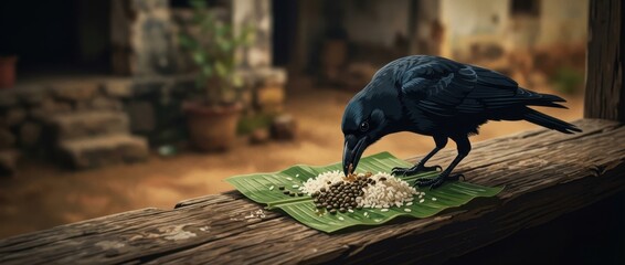 Naklejka premium Black Crow Eating Food Offerings on Banana Leaf for Ancestor Ritual