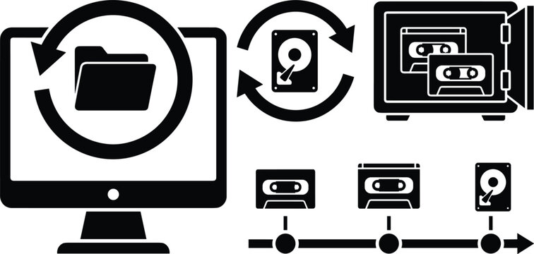 Data backup and disaster recovery icon set featuring computer file restoration hard drive synchronization vintage cassette tape safe vault and archiving timeline vectors
