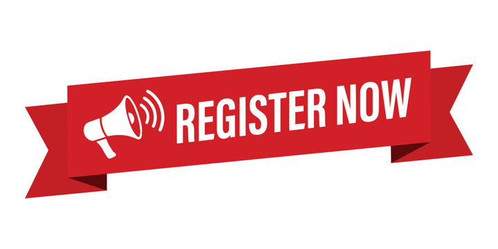 Red banner ribbon with megaphone icon and register now text call