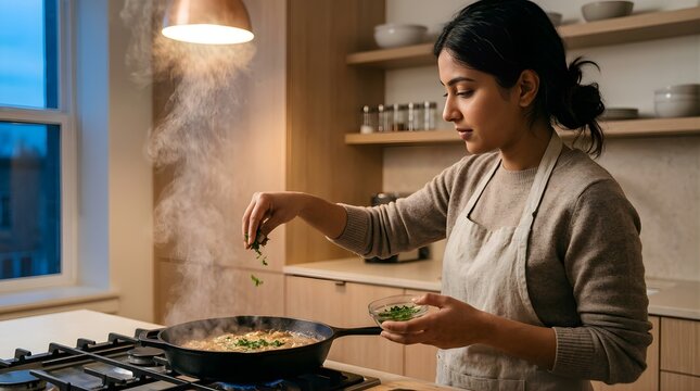 Young woman adding fresh herbs to a hot meal in a modern kitchen