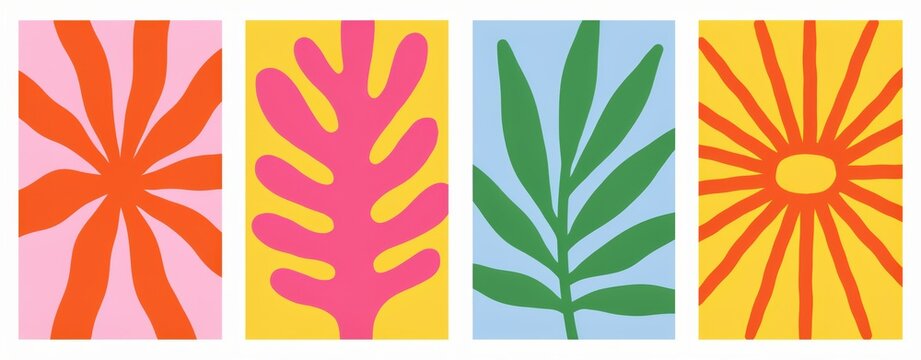Set of four abstract botanical and sun wall art prints