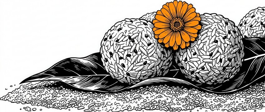 Rice balls with marigold flower for traditional hindu ritual offering