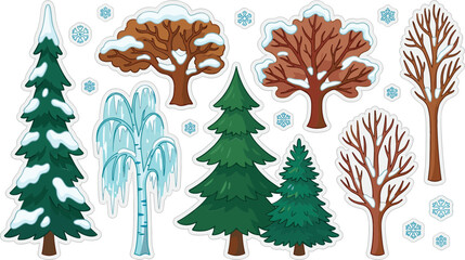 Winter forest trees sticker set with snow covered pine fir birch oak and bare branches vector illustration isolated on white background