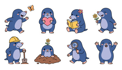Cute mole cartoon character vector illustration set. Heart, book, flower, helmet, shovel, magnifying glass and soil hill.