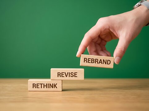 Hand stacking wooden blocks with rethink revise and rebrand
