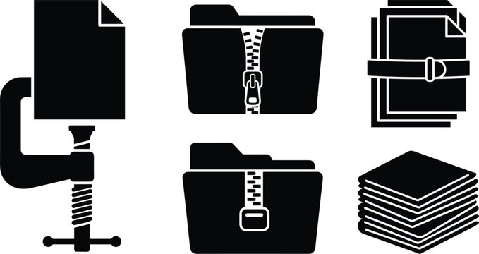 Digital file compression and data storage management vector icons set featuring a document in a clamp tool, zipped archive folders, strapped paperwork, and stacked sheets.