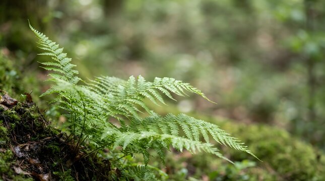 Green fern plant growing in wild forest with soft blurred background, natural botanical foliage closeup