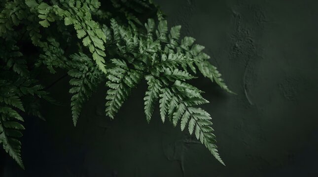 Closeup of lush green fern leaves against a dark, textured background