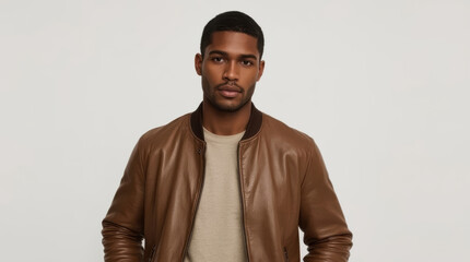 Obraz premium Man wearing leather jacket portrait with calm expression against neutral background