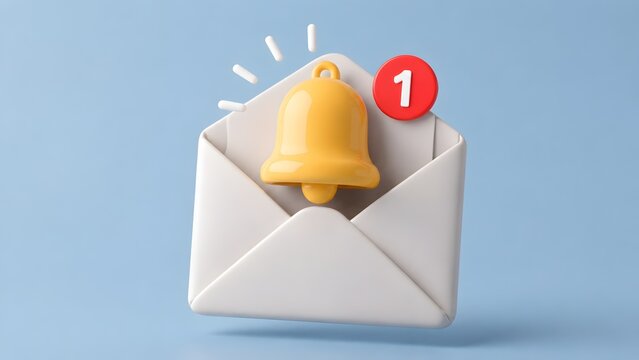 Yellow notification bell icon inside white open envelope on blue background. Concept of email marketing, digital communication, and social media alert.