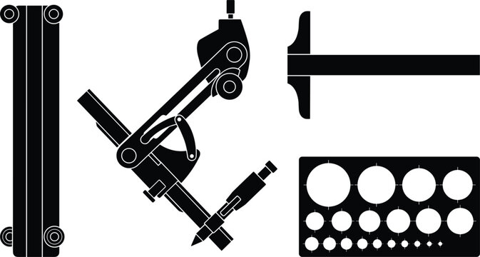 Engineering and architectural drafting tools vector icon set featuring technical drawing machine t-square ruler circle template stencil guide and precision measurement equipment
