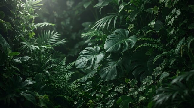 Dark moody tropical jungle foliage with wet monstera leaves and lush greenery