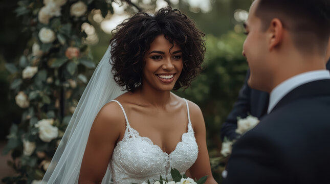 Black bride Caucasian groom wedding ceremony bridal portrait