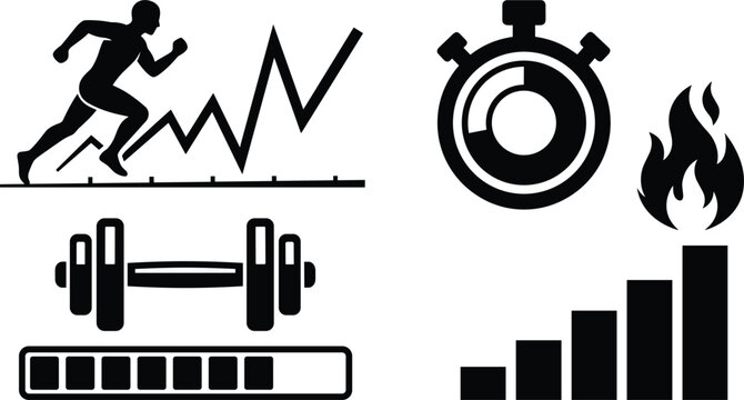 Fitness analytics and workout training icons vector set featuring running athlete track line graph stopwatch timer barbell progress loading bar and calorie burning flame chart