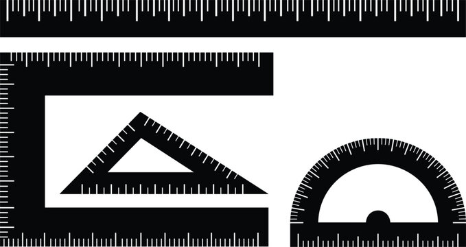 Geometry drafting and mathematical measurement scale rulers vector icons set featuring straight ruler, L square ruler, triangular ruler, and degree angle protractor.