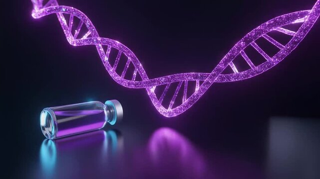 Neon helix wave above fallen sample tube on glossy stage for genetics education background