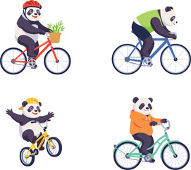 Fototapeta premium Cute Panda Character Vector Set Riding Bicycles in Various Poses Wearing Helmet Hoodie and Cap for Kids Active Sports Graphic Designs