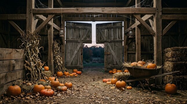 Rustic Autumn Barn with Pumpkins and Hay Bales at Twilight