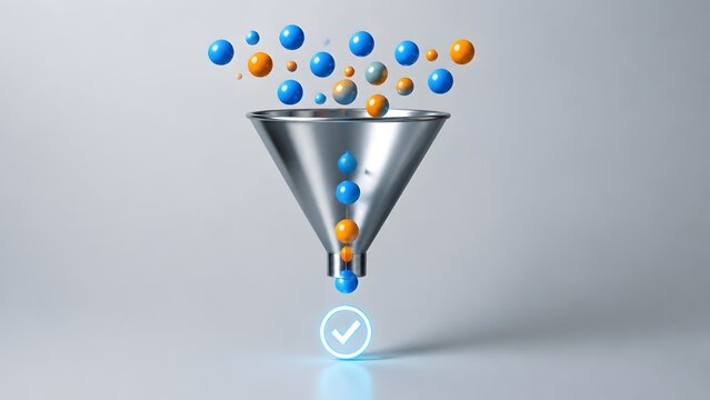 Metal funnel filtering blue and orange spheres into checkmark icon. Concept of data processing, sales lead generation, and business conversion strategy.