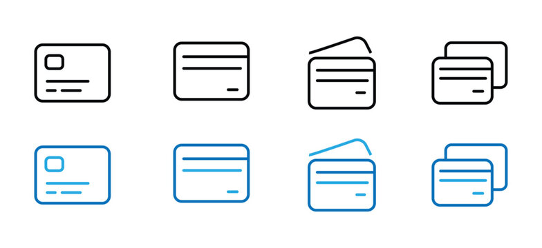 Icon set of plastic credit cards and debit cards for mobile banking and digital transactions. Payment method icons modern design on transparent background for your design. Vector set EPS 10