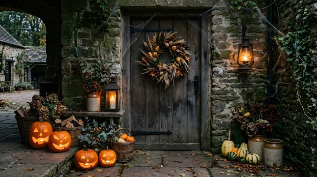 Rustic Autumn Door Adorned with Glowing Jack-o'-Lanterns and Fall Season Decorations