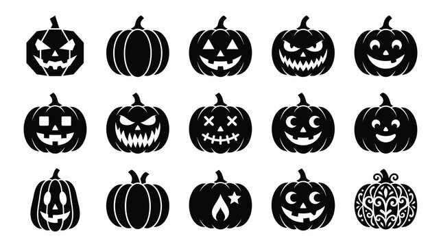 Collection of black silhouette jack o lanterns for halloween celebrations and spooky designs. vector illustration