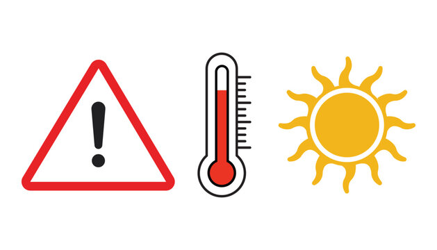 Warning sign, thermometer and sun icon heat wave or high temperature weather alert concept vector illustration