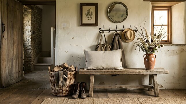Warm and Welcoming Rustic Home Entryway Interior with Natural Decor and Cozy Comfort