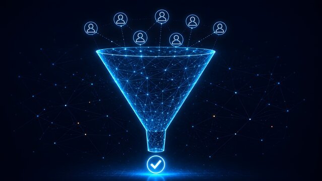 Glowing blue wireframe funnel filtering profile icons into checkmark. Concept of target audience segmentation, digital marketing, and data analytics.