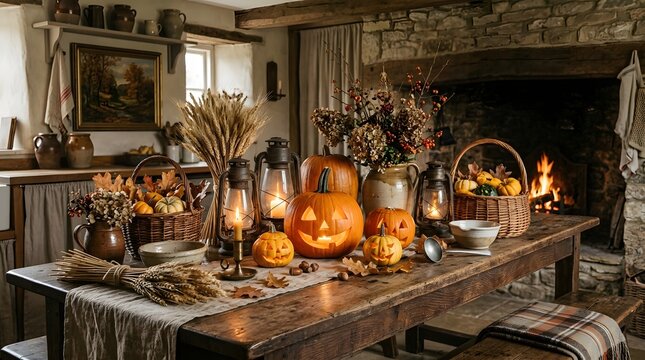 Cozy Rustic Table with Carved Pumpkins and Autumn Harvest Decor