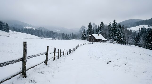 Serene Winter Landscape with a Rustic Wooden Cabin and Snowy Hills
