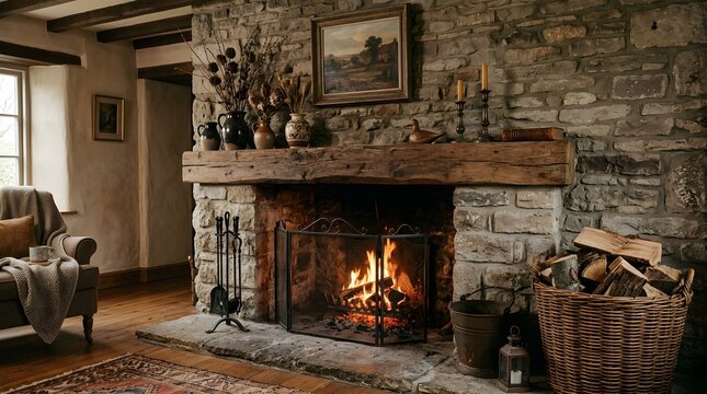 Cozy stone fireplace with burning fire and rustic decor